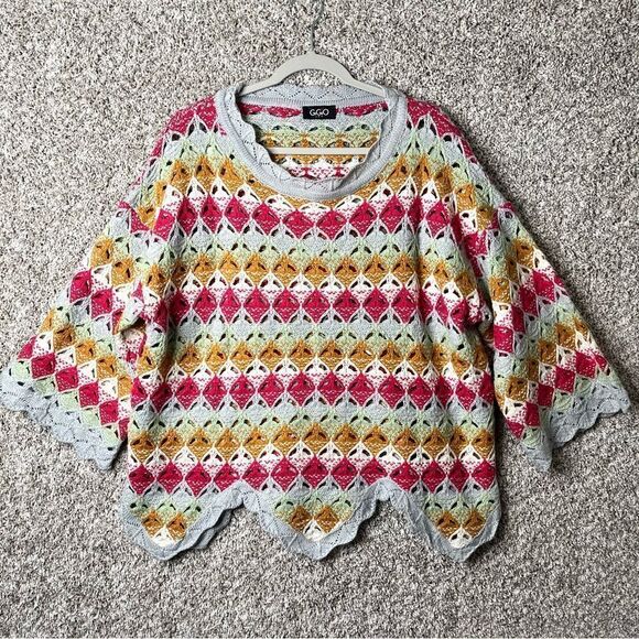 GiGiO Sweater Women’s XL Pink, Orange, Gray & Green Crochet Knit Pullover USA - Picture 1 of 4